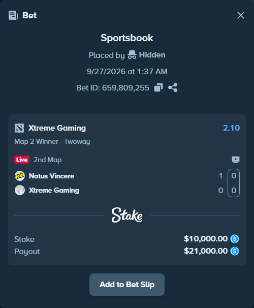 Bet slip: Natus Vincere - Xtreme Gaming, $10,000.00 stake at 2.10 odds, placed by Hidden