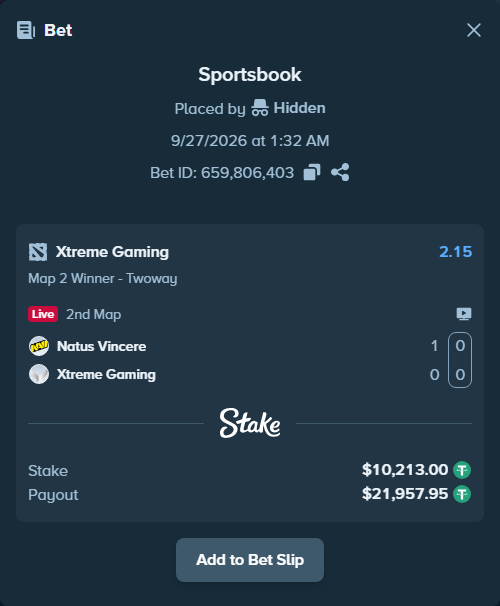 Bet slip: Natus Vincere - Xtreme Gaming, $10,213.00 stake at 2.15 odds, placed by Feedone1488