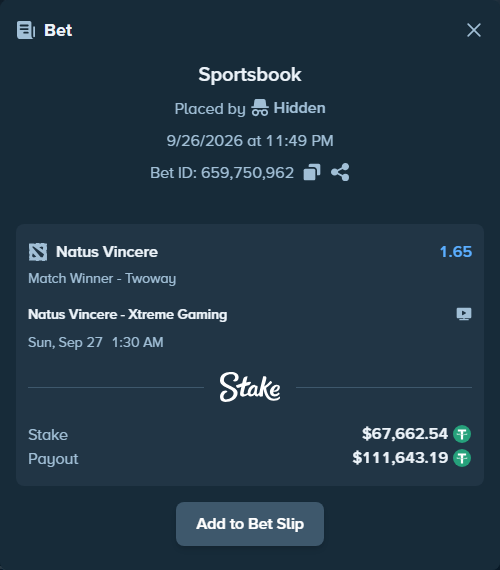 Bet slip: Natus Vincere - Xtreme Gaming, $67,662.54 stake at 1.65 odds, placed by Hidden
