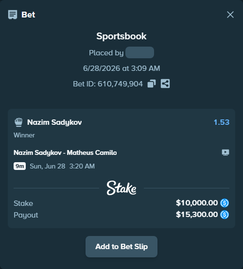 Bet slip: Nazim Sadykov - Matheus Camilo, $10,000.00 stake at 1.53 odds, placed by BradenLeusc