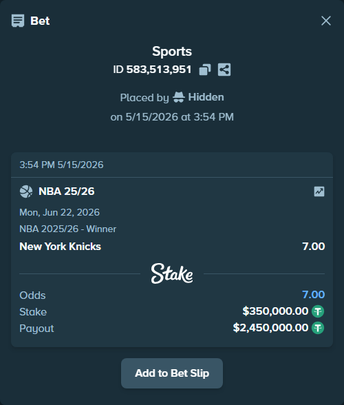 Bet slip: NBA 25/26, $350,000.00 stake at 7.00 odds, placed by Hidden