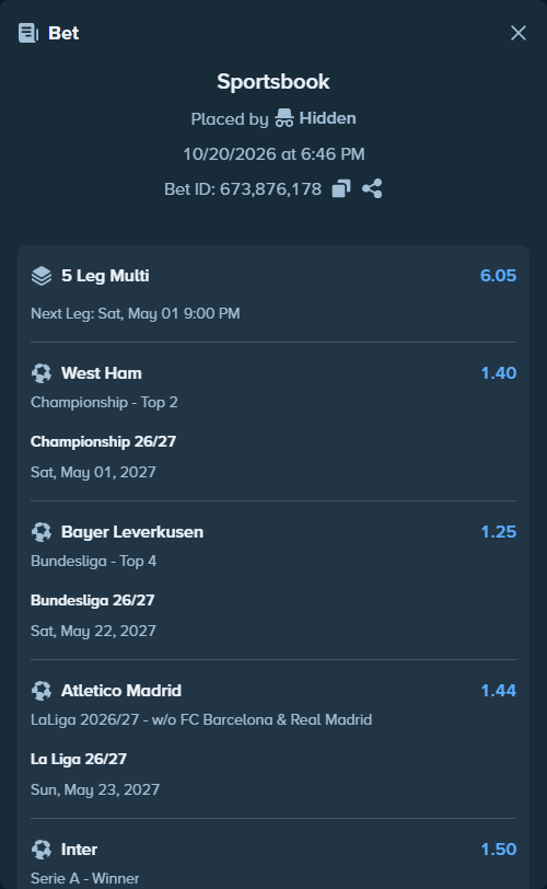 Bet slip: NBA 26/27, $18,000.00 stake at 1.60 odds, placed by Tarik1000