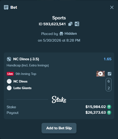Bet slip: NC Dinos - Lotte Giants, $16,000.00 stake at 1.65 odds, placed by Hidden