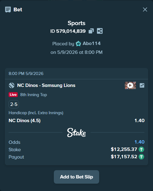 Bet slip: NC Dinos - Samsung Lions, $12,255.37 stake at 1.40 odds, placed by Abo114