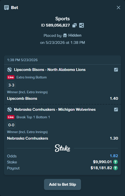 Bet slip: Nebraska Cornhuskers - Michigan Wolverines, $10,000.00 stake at 1.30 odds, placed by Hidden