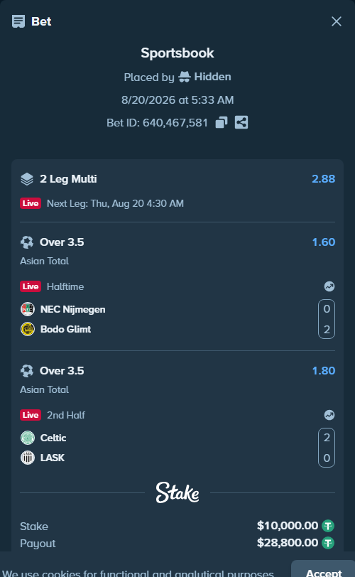 Bet slip: NEC Nijmegen - Bodo Glimt, $10,000.00 stake at 1.60 odds, placed by Hidden
