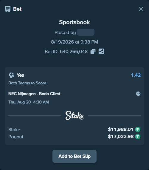 Bet slip: NEC Nijmegen - Bodo Glimt, $12,000.00 stake at 1.42 odds, placed by TheEarlinGrey