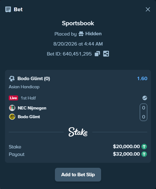 Bet slip: NEC Nijmegen - Bodo Glimt, $20,000.00 stake at 1.60 odds, placed by Hidden