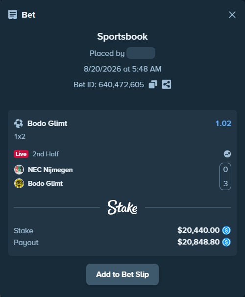 Bet slip: NEC Nijmegen - Bodo Glimt, $20,440.00 stake at 1.02 odds, placed by davidosnn