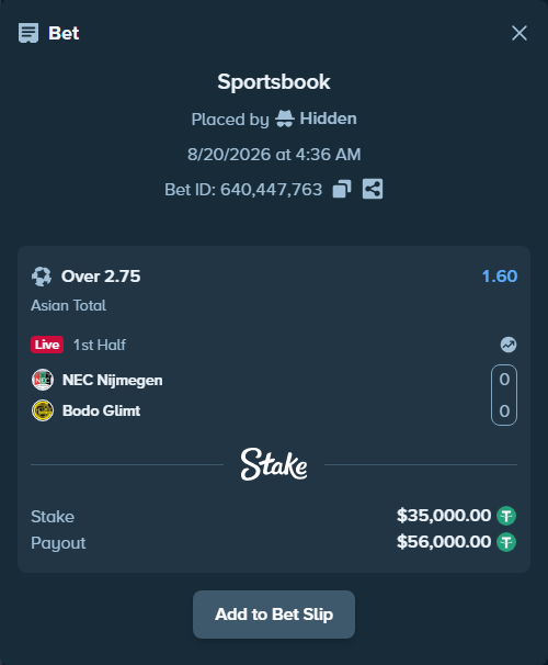 Bet slip: NEC Nijmegen - Bodo Glimt, $35,000.00 stake at 1.60 odds, placed by Hidden