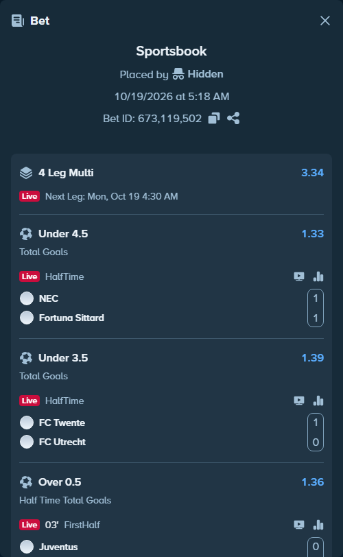 Bet slip: NEC Nijmegen - Fortuna Sittard, $54,317.26 stake at 1.33 odds, placed by Hidden