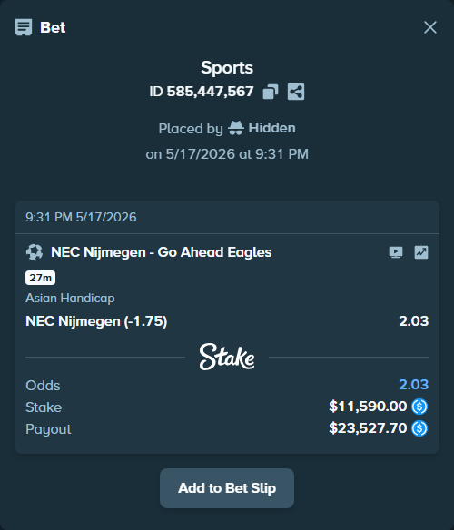 Bet slip: NEC Nijmegen - Go Ahead Eagles, $11,590.00 stake at 2.03 odds, placed by Hidden