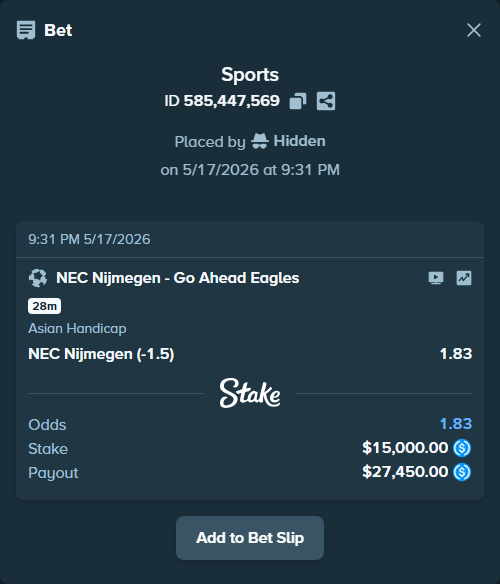 Bet slip: NEC Nijmegen - Go Ahead Eagles, $15,000.00 stake at 1.83 odds, placed by Hidden