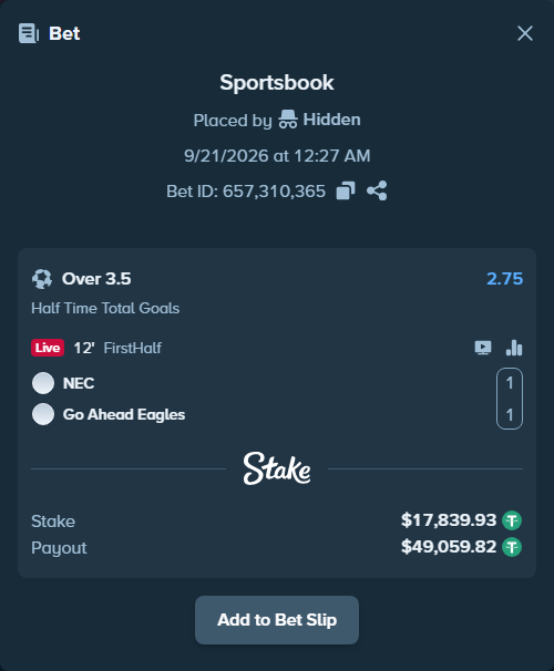 Bet slip: NEC Nijmegen - Go Ahead Eagles, $17,839.93 stake at 2.75 odds, placed by Hidden