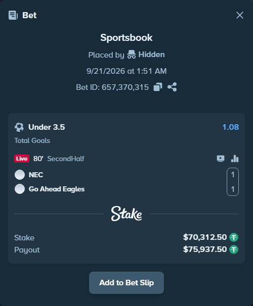 Bet slip: NEC Nijmegen - Go Ahead Eagles, $70,312.50 stake at 1.08 odds, placed by Hidden