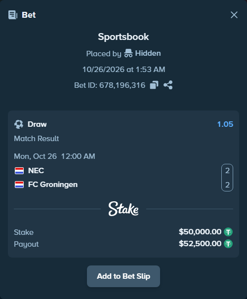Bet slip: NEC Nijmegen - Groningen, $50,050.00 stake at 1.05 odds, placed by Hidden