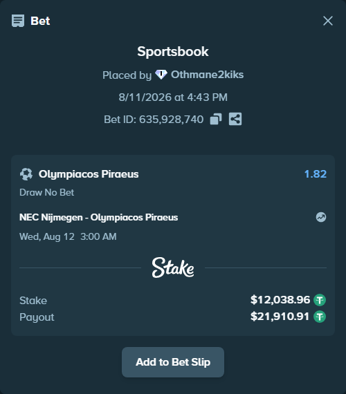 Bet slip: NEC Nijmegen - Olympiacos Piraeus, $12,051.00 stake at 1.82 odds, placed by Othmane2kiks