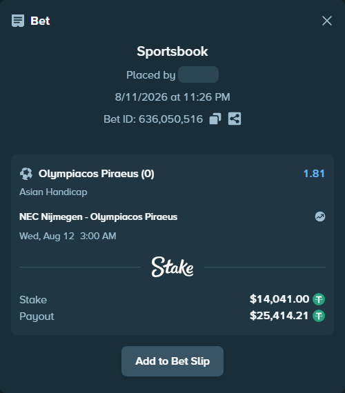 Bet slip: NEC Nijmegen - Olympiacos Piraeus, $14,055.04 stake at 1.81 odds, placed by Othmane2kiks