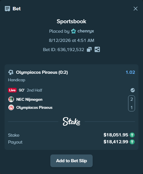 Bet slip: NEC Nijmegen - Olympiacos Piraeus, $18,070.00 stake at 1.02 odds, placed by chenryx
