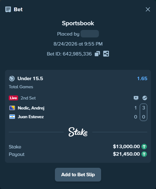 Bet slip: Nedic, Andrej - Juan Estevez, $13,000.00 stake at 1.65 odds, placed by privetmedvet15