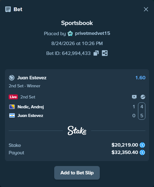 Bet slip: Nedic, Andrej - Juan Estevez, $20,219.00 stake at 1.60 odds, placed by privetmedvet15