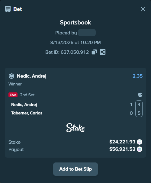 Bet slip: Nedic, Andrej - Taberner, Carlos, $24,301.63 stake at 2.35 odds, placed by Mashko21