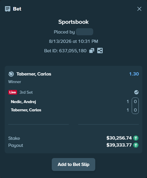 Bet slip: Nedic, Andrej - Taberner, Carlos, $30,287.00 stake at 1.30 odds, placed by diomancy