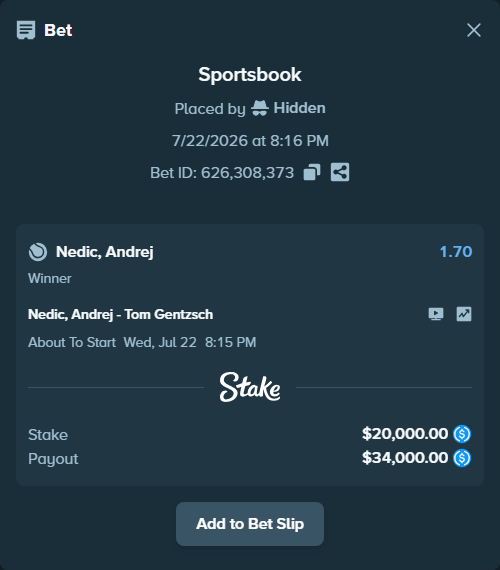 Bet slip: Nedic, Andrej - Tom Gentzsch, $20,000.00 stake at 1.70 odds, placed by Hidden