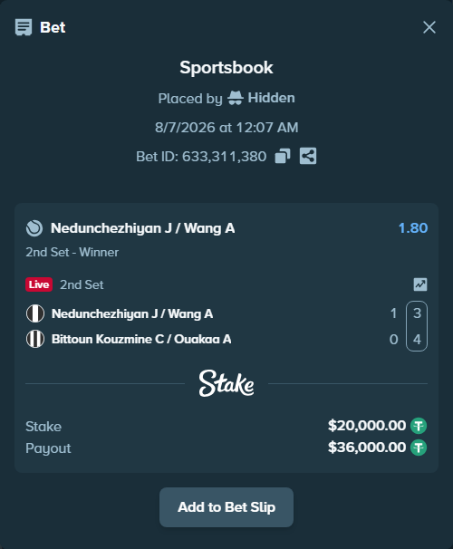 Bet slip: Nedunchezhiyan J / Wang A - Bittoun Kouzmine C / Ouakaa A, $20,020.00 stake at 1.80 odds, placed by Hidden