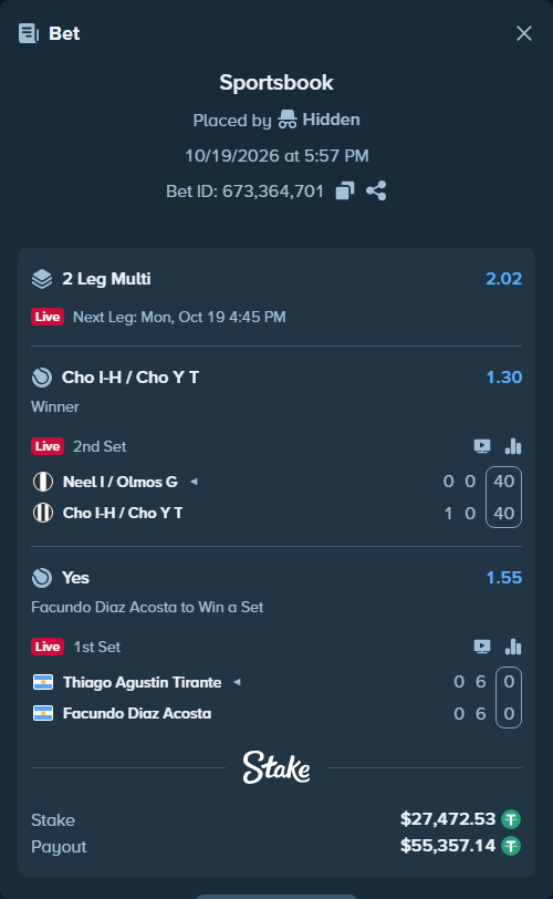 Bet slip: Neel I / Olmos G - Cho I-H / Cho Y T, $27,500.00 stake at 1.30 odds, placed by Hidden