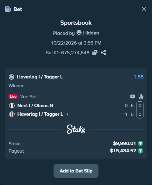 Bet slip: Neel I / Olmos G - Haverlag I / Tagger L, $10,000.00 stake at 1.55 odds, placed by Mates99