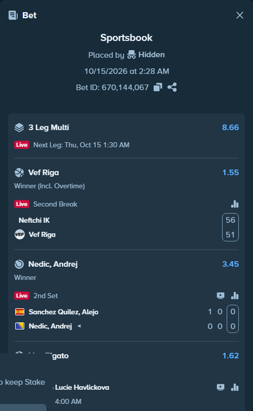 Bet slip: Neftchi IK - Vef Riga, $20,000.00 stake at 1.55 odds, placed by Hidden