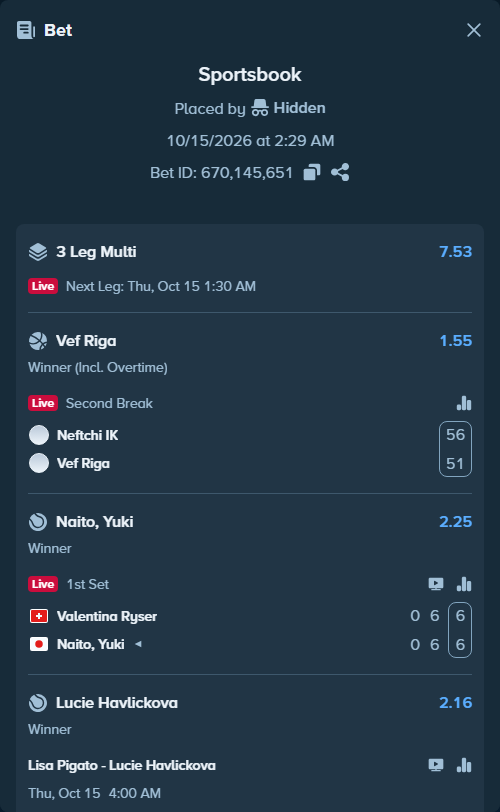 Bet slip: Neftchi IK - Vef Riga, $25,000.00 stake at 1.55 odds, placed by Hidden