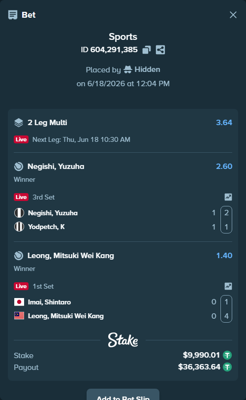 Bet slip: Negishi, Yuzuha - Yodpetch, K, $10,000.00 stake at 2.60 odds, placed by Hidden