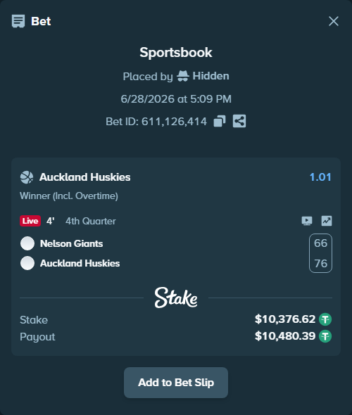 Bet slip: Nelson Giants - Auckland Tuatara, $10,387.00 stake at 1.01 odds, placed by Hidden
