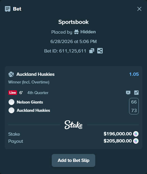 Bet slip: Nelson Giants - Auckland Tuatara, $228,167.61 stake at 1.05 odds, placed by Hidden