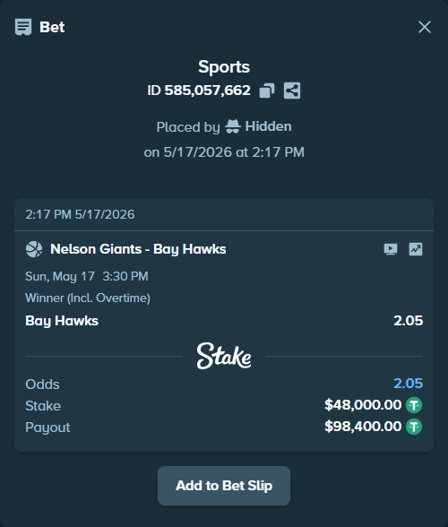Bet slip: Nelson Giants - Hawke's Bay Hawks, $48,000.00 stake at 2.05 odds, placed by Hidden