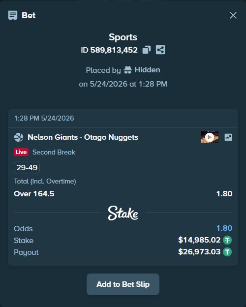 Bet slip: Nelson Giants - Otago Nuggets, $15,000.00 stake at 1.80 odds, placed by Hidden