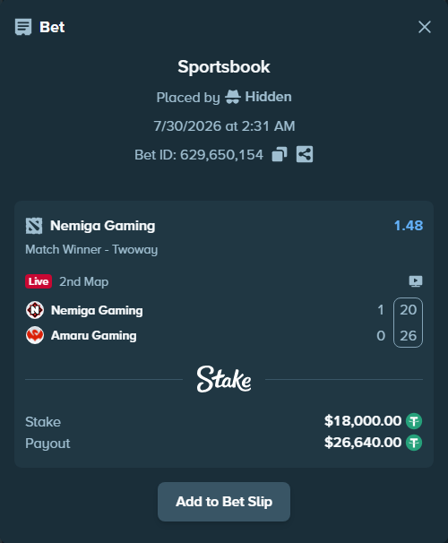 Bet slip: Nemiga Gaming - Amaru Gaming, $18,018.00 stake at 1.48 odds, placed by Hidden