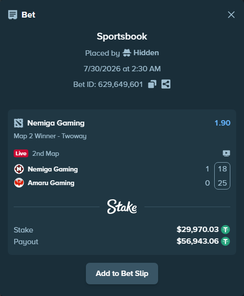 Bet slip: Nemiga Gaming - Amaru Gaming, $30,000.00 stake at 1.90 odds, placed by Hidden