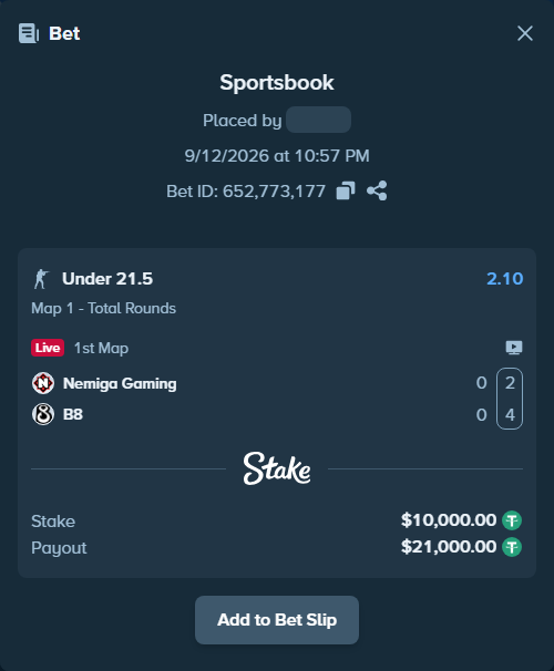 Bet slip: Nemiga Gaming - B8, $10,000.00 stake at 2.10 odds, placed by saszakoncza