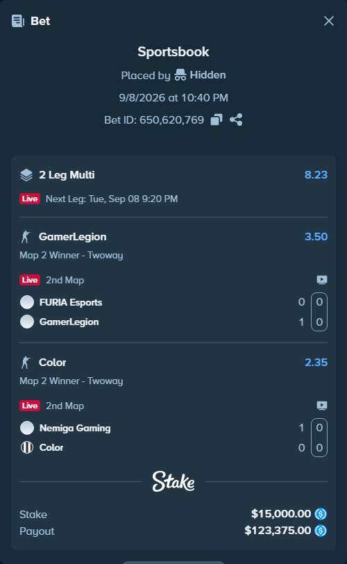 Bet slip: Nemiga Gaming - Color, $15,000.00 stake at 2.35 odds, placed by Hidden