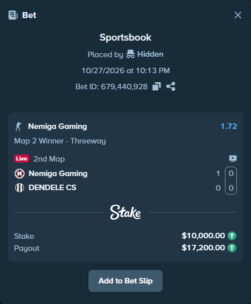 Bet slip: Nemiga Gaming - DENDELE CS, $10,020.00 stake at 1.72 odds, placed by Hidden