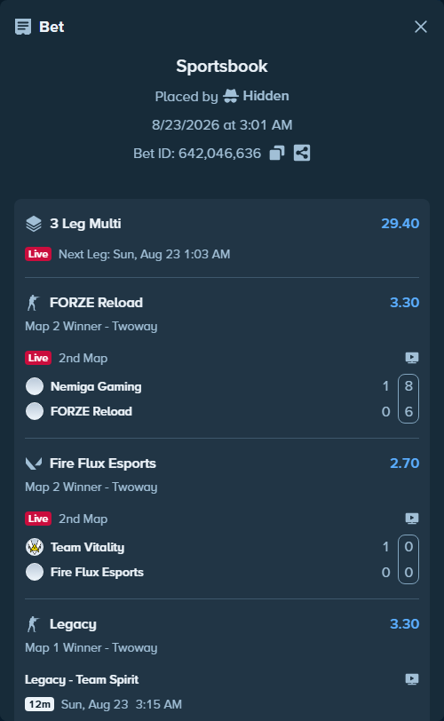 Bet slip: Nemiga Gaming - FORZE Reload, $40,002.20 stake at 3.30 odds, placed by Hidden