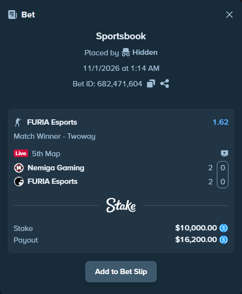 Bet slip: Nemiga Gaming - FURIA Esports, $10,000.00 stake at 1.62 odds, placed by nbxd22