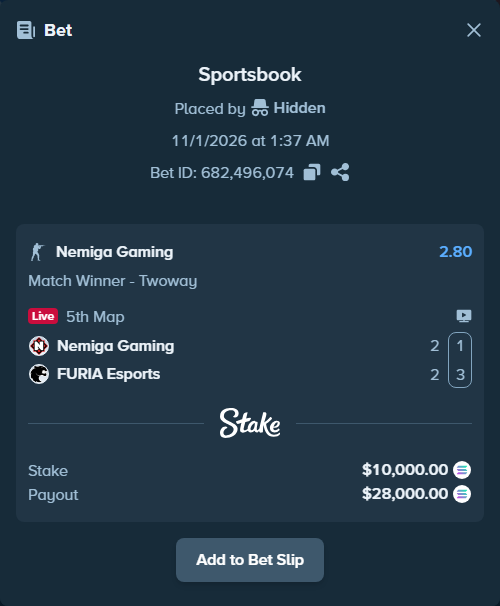 Bet slip: Nemiga Gaming - FURIA Esports, $10,025.73 stake at 2.80 odds, placed by Hidden