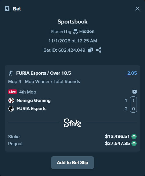 Bet slip: Nemiga Gaming - FURIA Esports, $13,500.00 stake at 2.05 odds, placed by Hidden