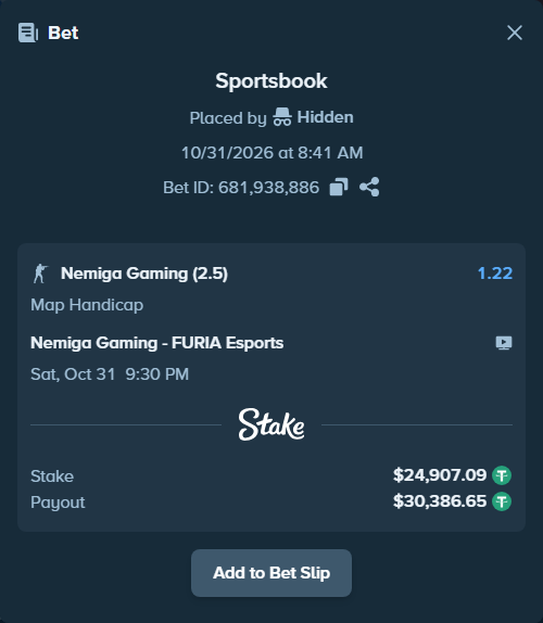 Bet slip: Nemiga Gaming - FURIA Esports, $24,932.00 stake at 1.22 odds, placed by Hidden