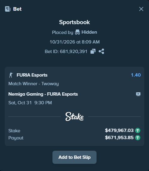 Bet slip: Nemiga Gaming - FURIA Esports, $480,447.00 stake at 1.40 odds, placed by Hidden