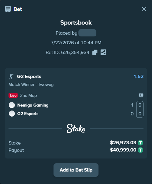 Bet slip: Nemiga Gaming - G2 Esports, $27,000.00 stake at 1.52 odds, placed by oxorona